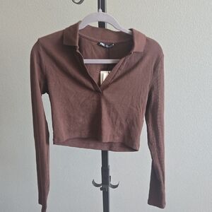 Zara Chocolate Brown Collared Crop Top